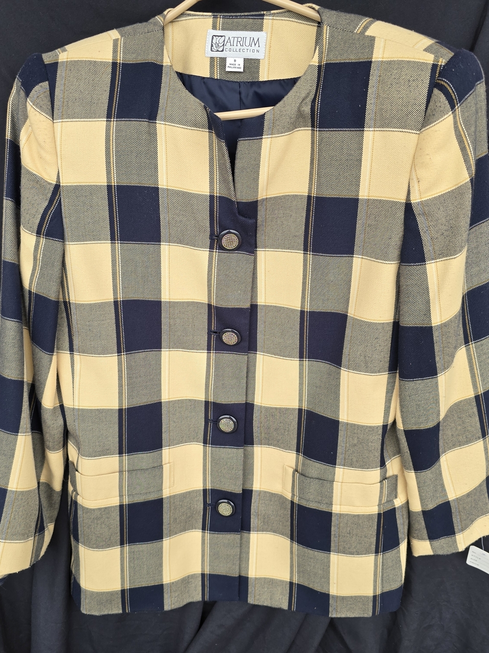 Atrium Collection Button Front Women's Navy & Yellow Plaid Blazer Suit Jacket